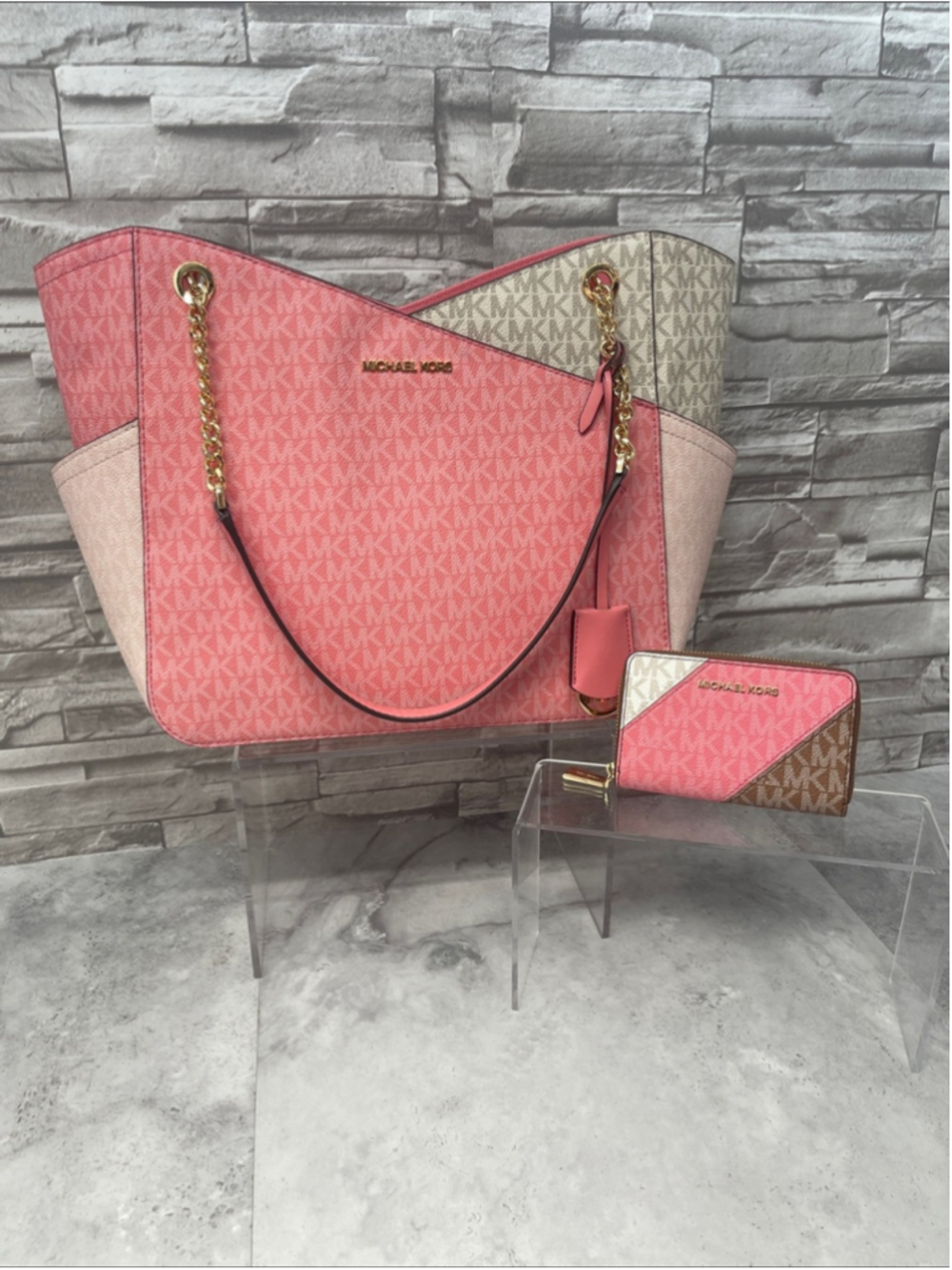Michael Kors Pink Signature Colorblock Tote with Matching Wristlet